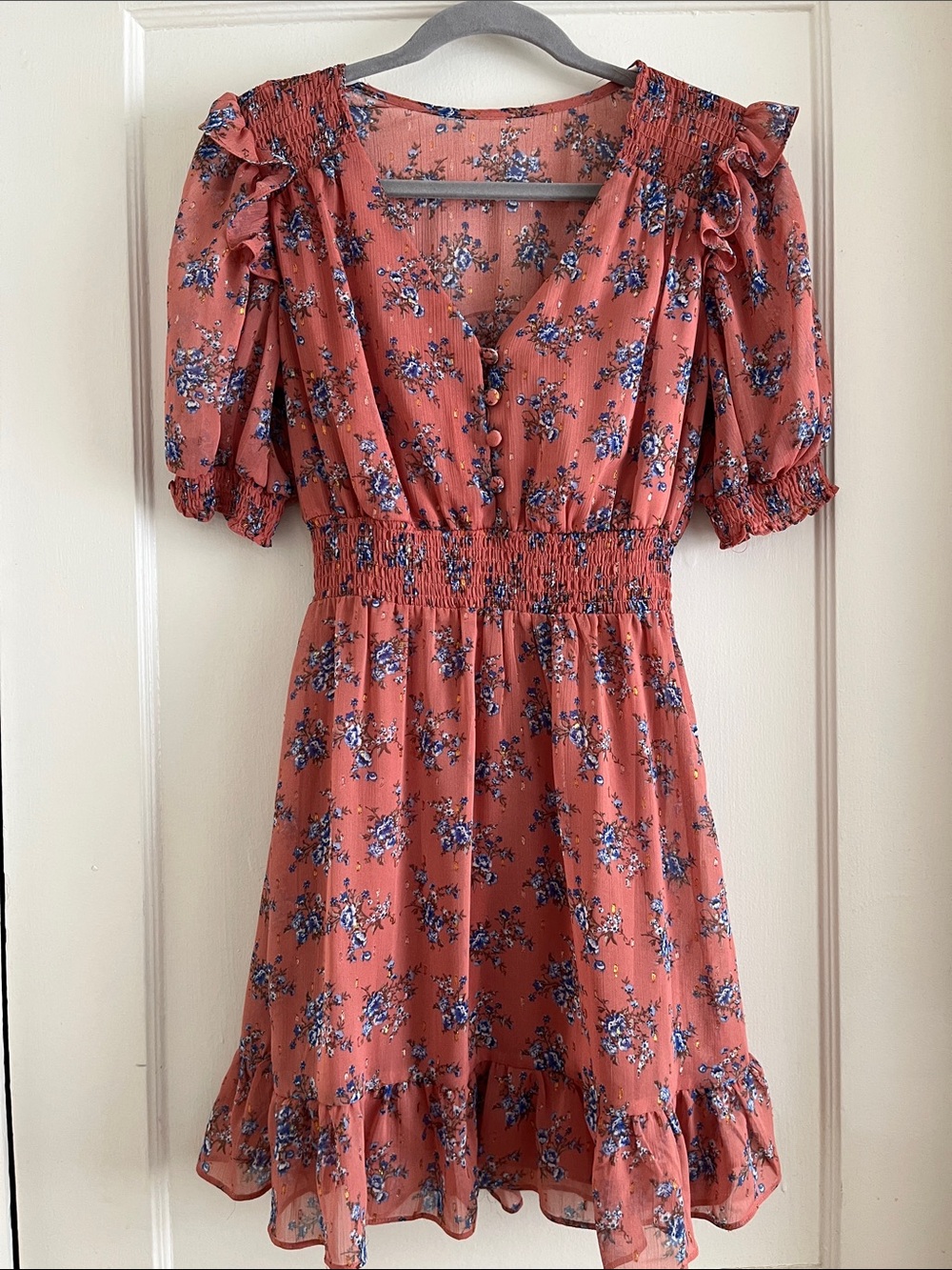 B.Smart Sheer Fully Lined Puff Sleeve Floral Ruffled Cottagecore Mini Dress Sz 5